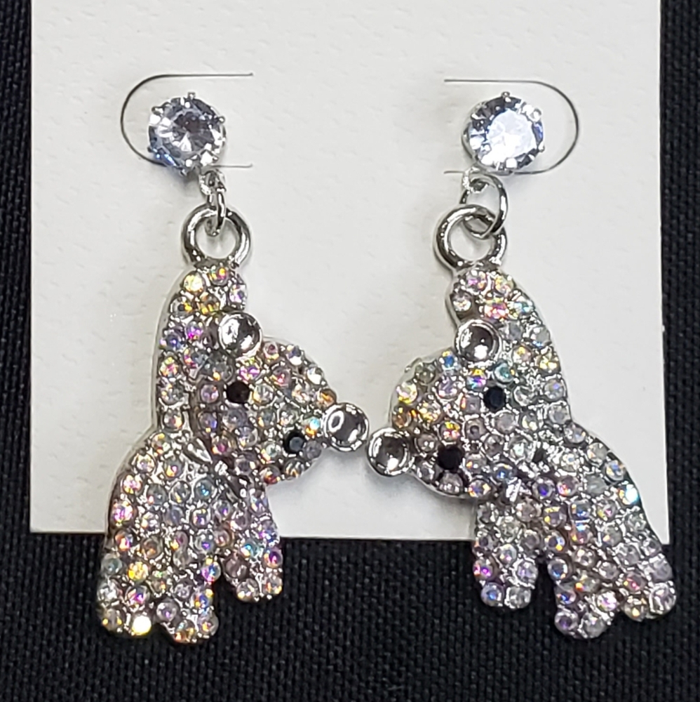 Silvertone AB Rhinestone Crystal Teddy Bear Dangle Earrings